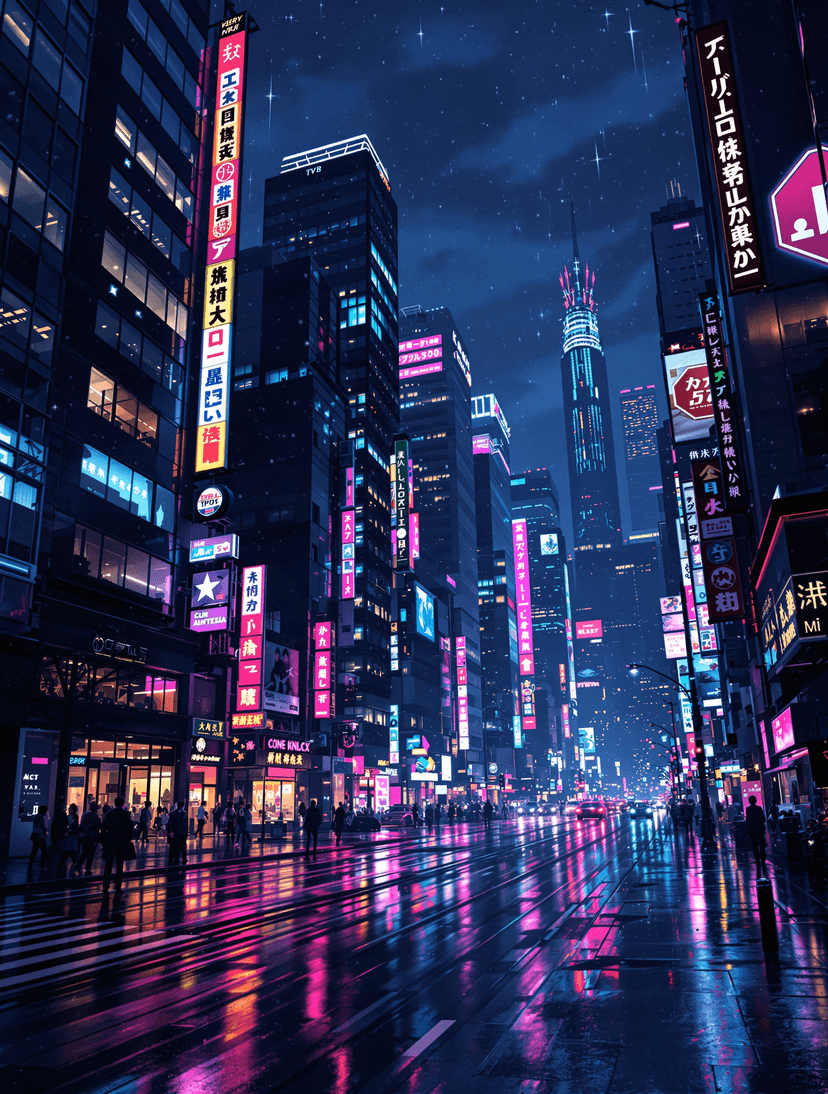 Sleek dark anime cityscape