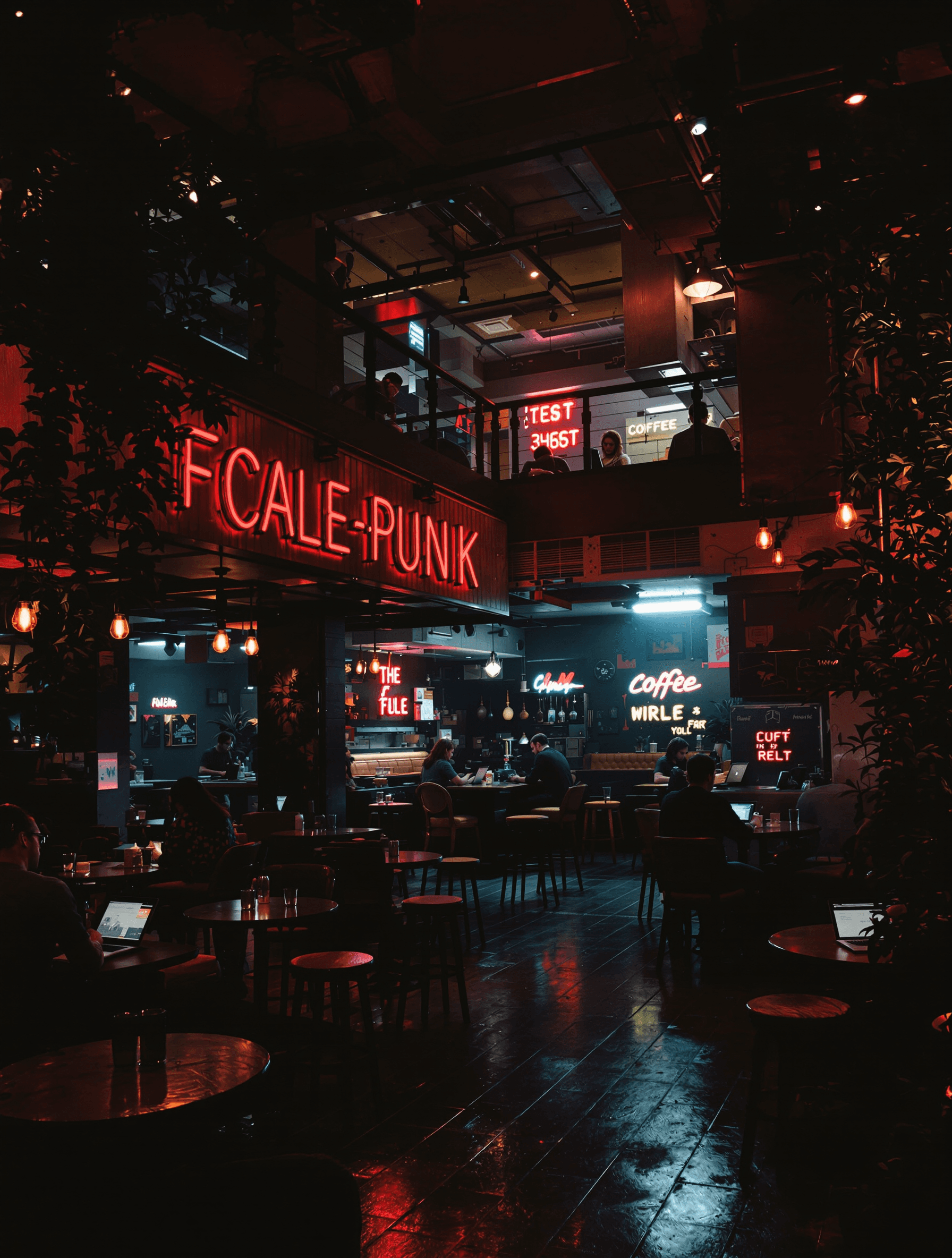 cyberpunk coffee shop interior with moody lighting