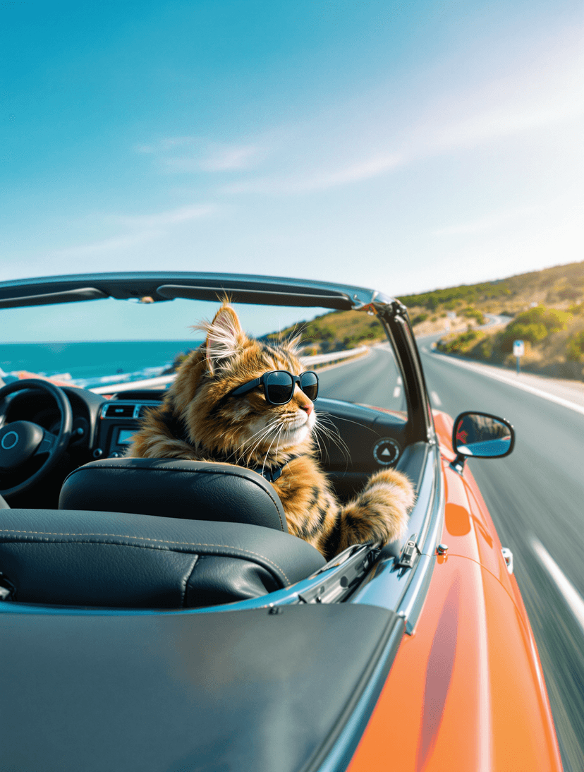 Cat wearing sunglasses driving a convertible