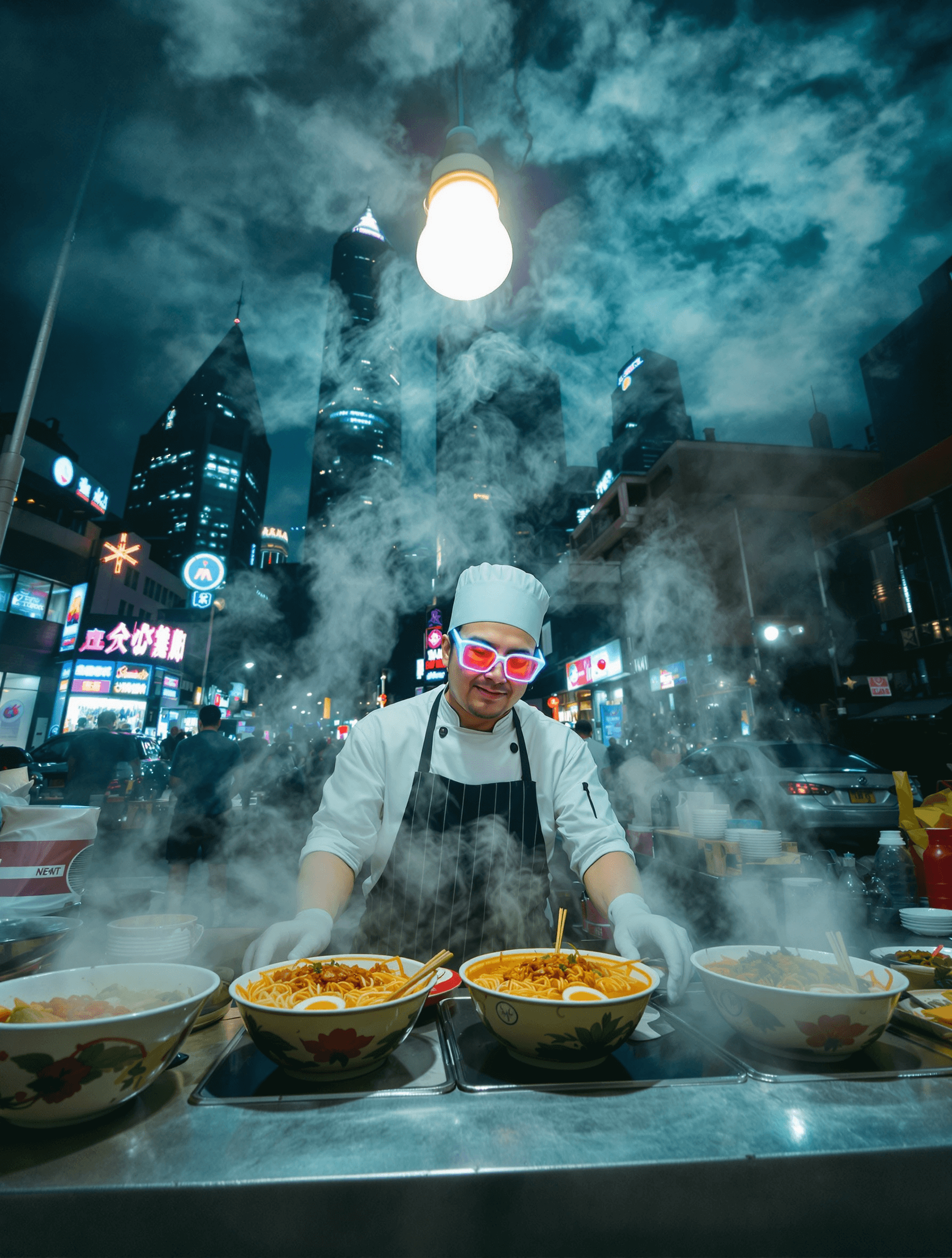 synthwave street food vendor cooking under neon lights