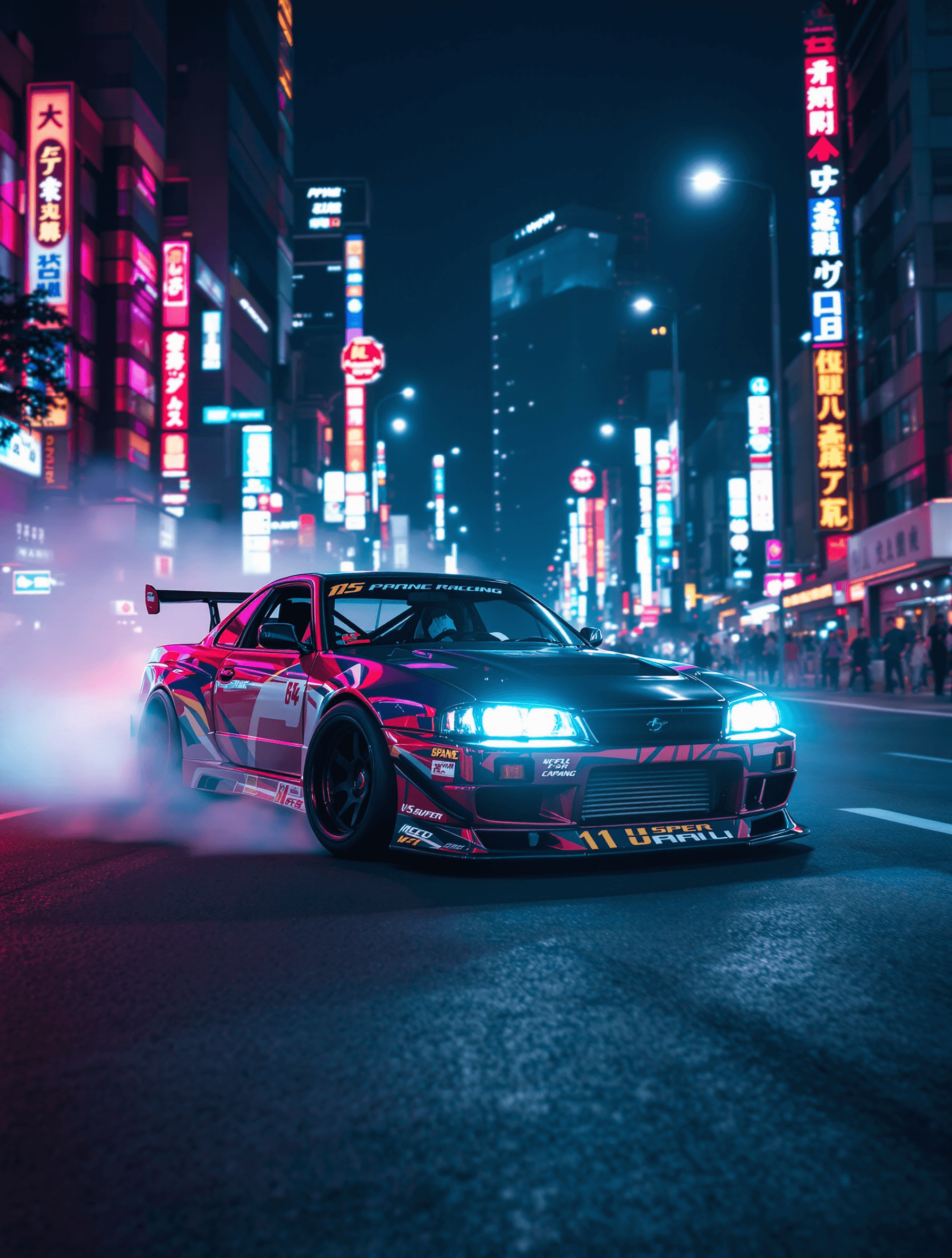 drift car sliding through neon-lit city streets at night