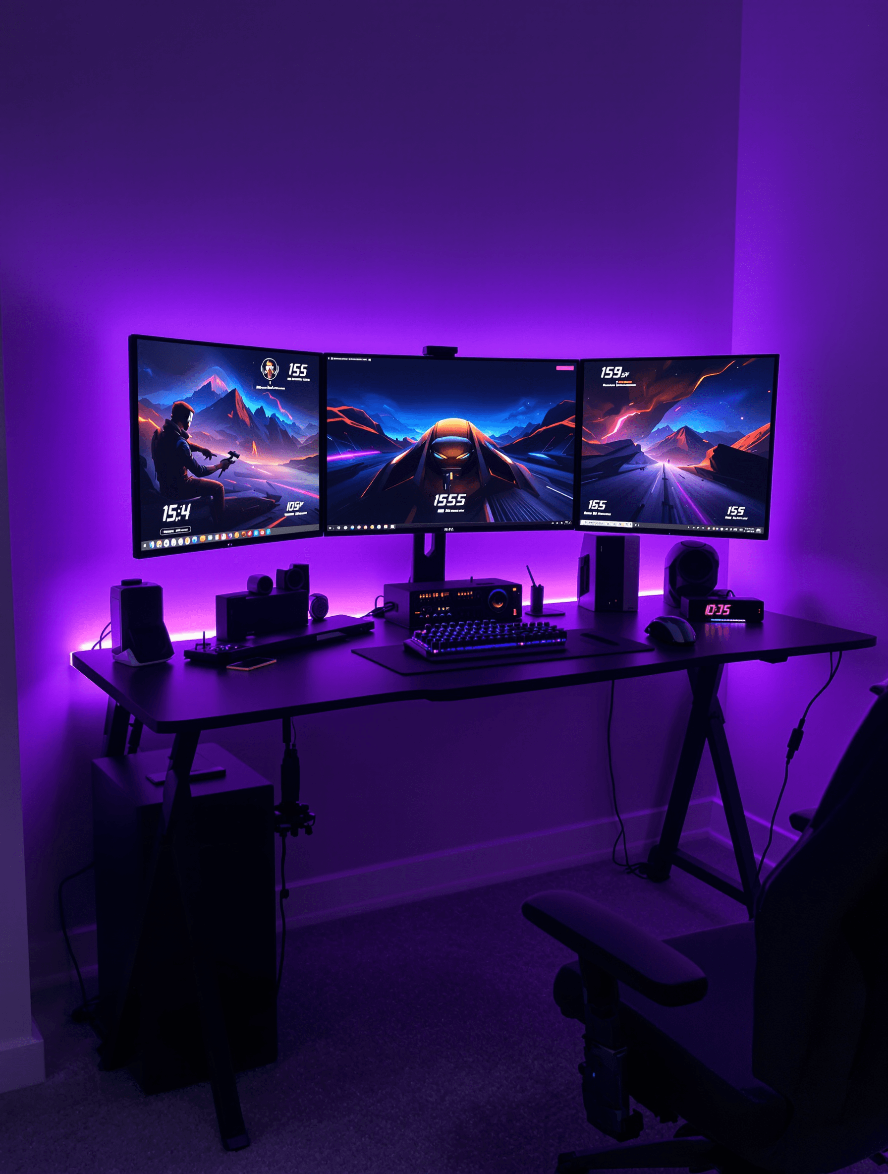 modern gaming setup with purple led ambient lighting