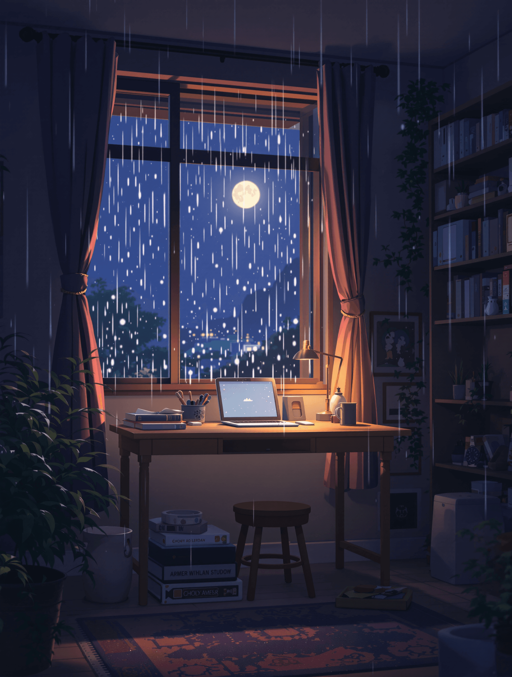 cozy lofi study room at night with rain on windows