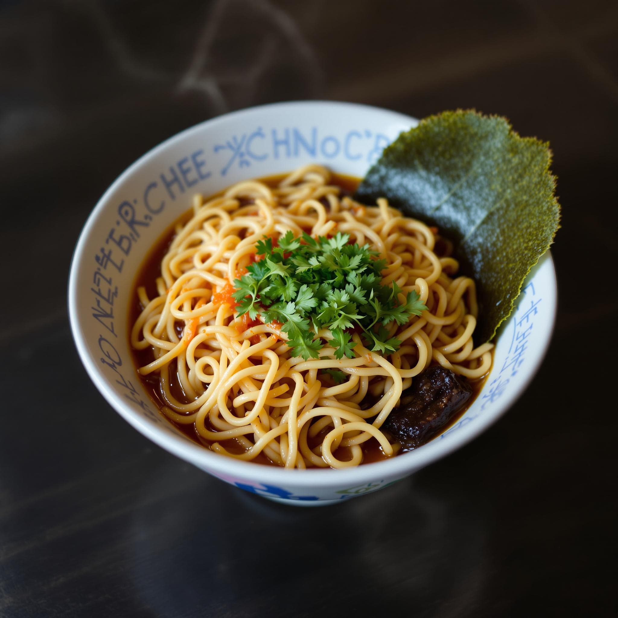 steaming bowl of ramen in a cyberpunk restaurant setting