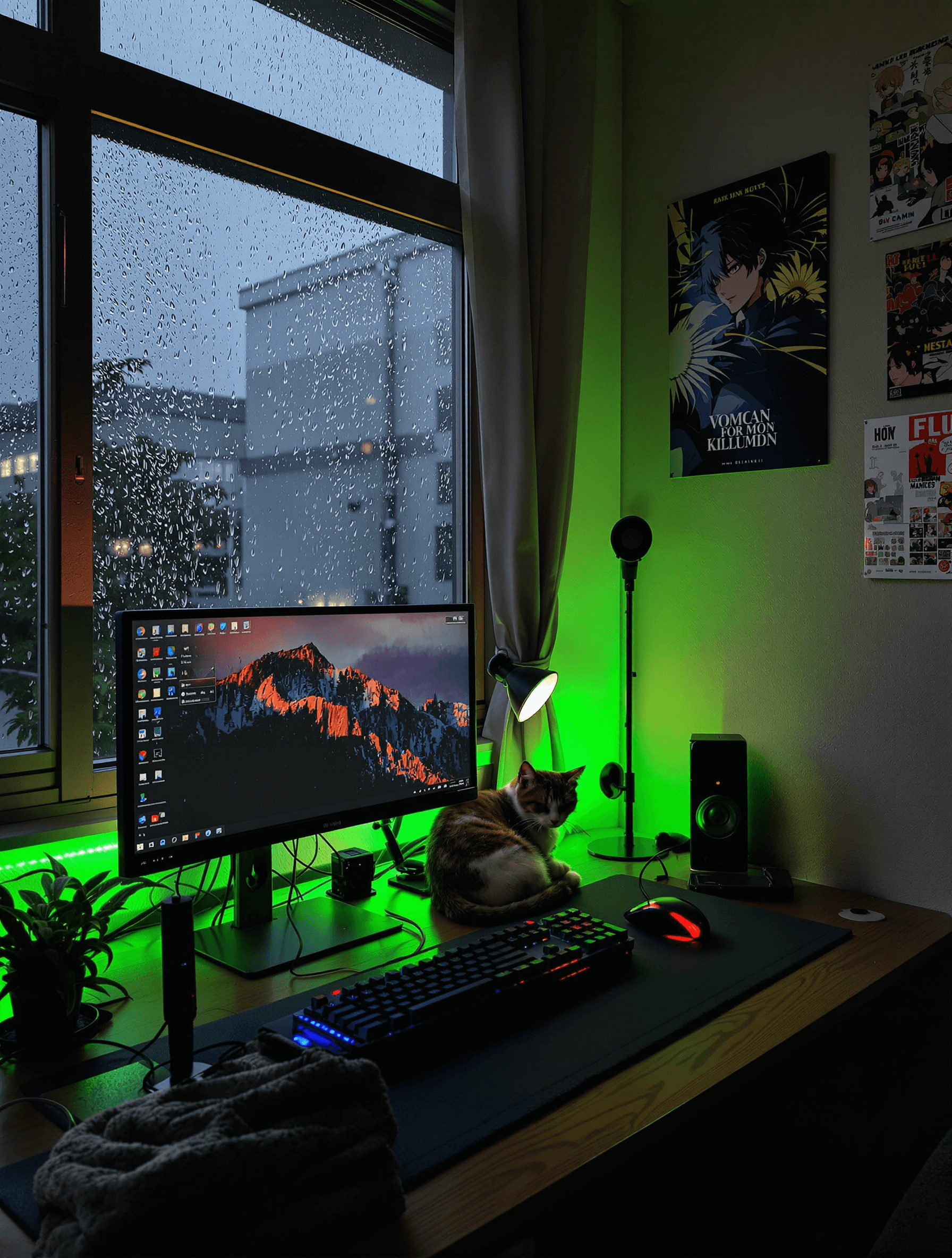 cozy streaming setup in tokyo apartment with rain view